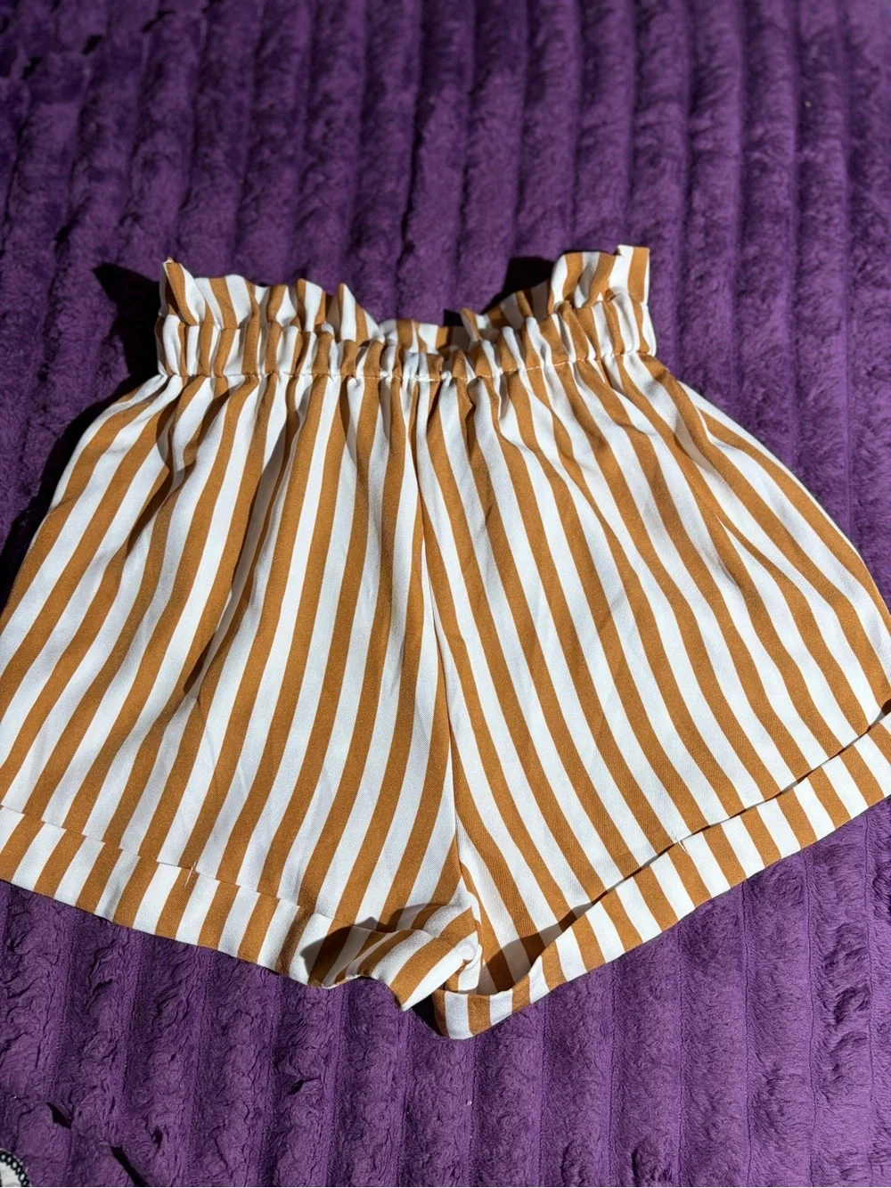 SHEIN White and Mustard Vertical Stripe High Waist Paperbag Shorts